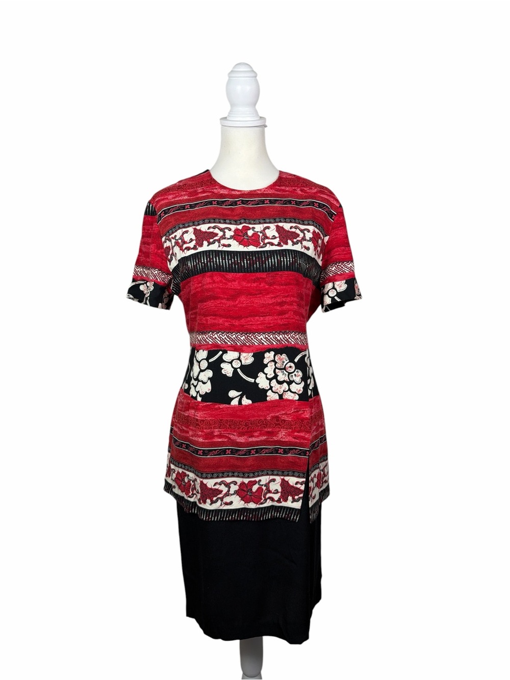 Vintage KC Spencer New York Dress Size 10 Red Black Floral Print Made USA